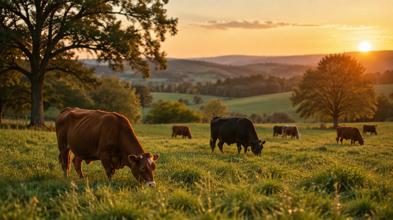 Cattle grazing in a green pasture with wooded mountains in the background